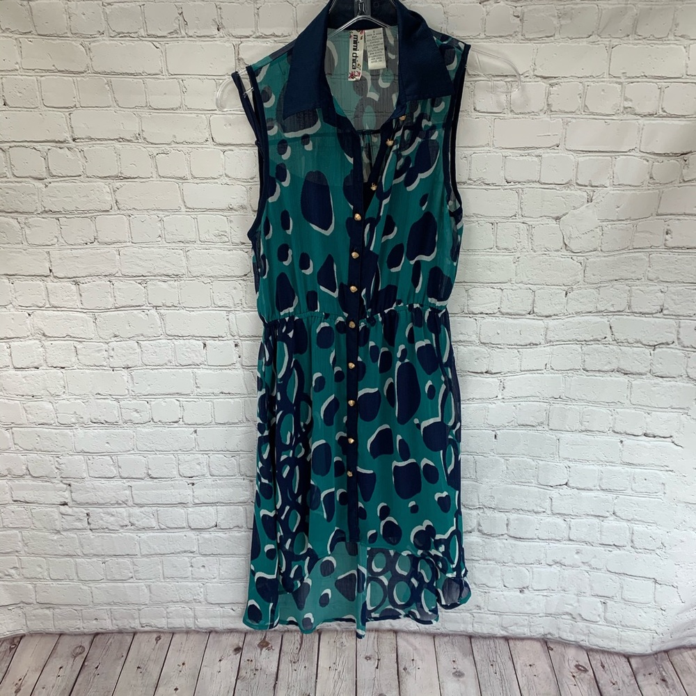 Mimi Chica Teal Navy Abstract Print Sleeveless Collared Button Front Dress Sz S - Picture 3 of 5
